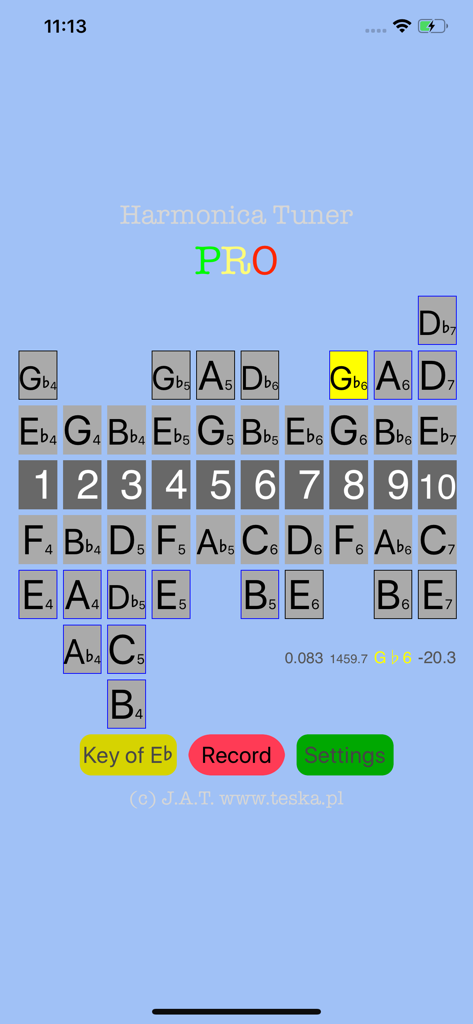 Harmonica Tuner Pro app screen showing hole layout and note detection for Eb harmonica