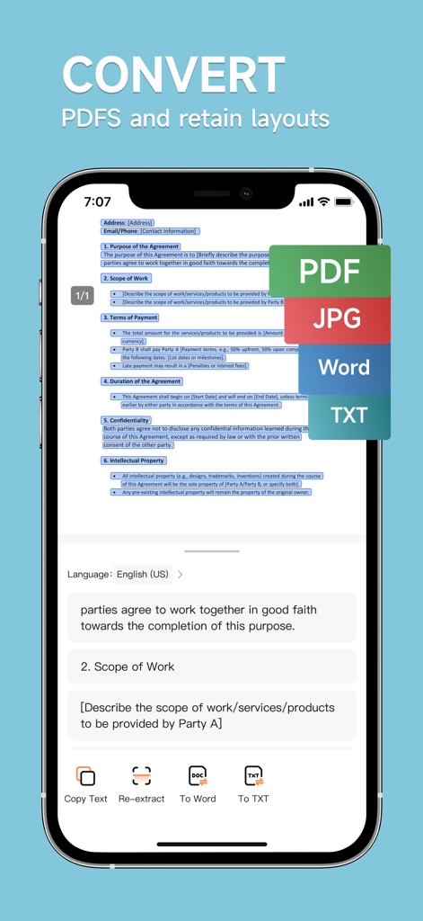 pScanner:PDF Document Scanner - A smartphone displaying the pScanner app converting a scanned document into PDF Word and TXT formats