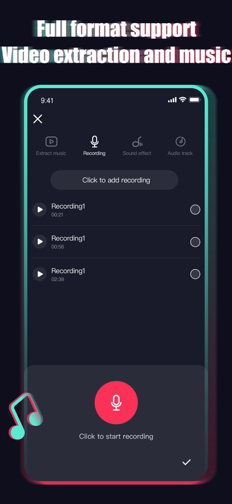 Audio Editor Ringtone Maker - Interface do aplicativo Audio Editor mostrando a tela de gravação de voz e recursos de extração de música