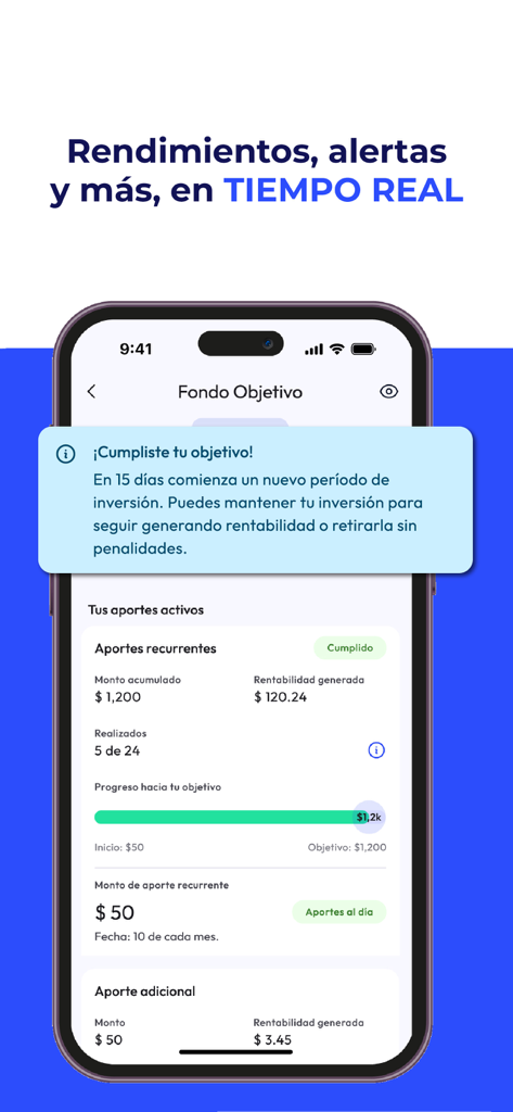 Investo - Smartphone screen displaying investment goal progress and real-time returns in the Investo app.