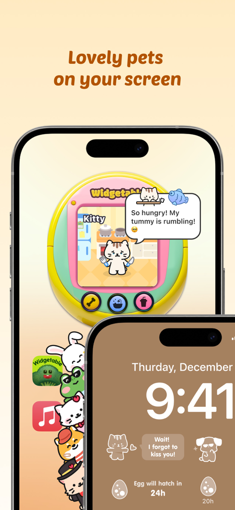 Widgetable 앱의 스마트폰 홈 화면에 있는 귀여운 가상 반려동물 고양이 위젯