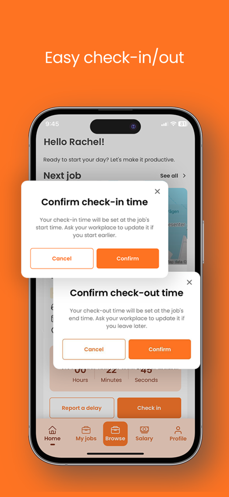 Time2Staff - Interface de l'application mobile Time2Staff montrant un utilisateur confirmant ses heures de début et de fin de service.