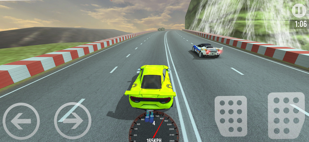 Car vs Bike Racing - Race Game - A lime green supercar racing on a high-speed highway track next to a waterfall