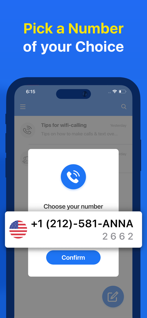 A mobile app screen showing a pop-up for selecting a custom US phone number
