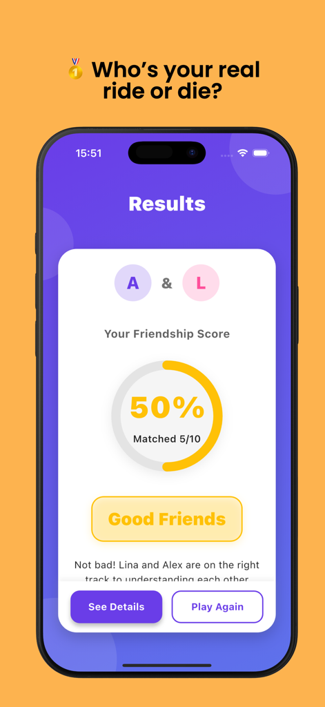 Quiz: How Well Do You Know Me? - Pantalla de resultados del quiz de amistad que muestra una puntuación de coincidencia del 50 por ciento entre dos personas