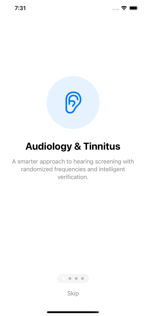 Audiology and Tinnitus app welcome screen explaining the smarter approach to hearing screening