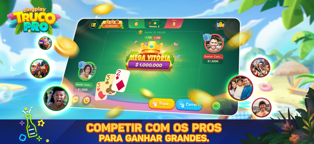 Jugabilidad de Truco ZingPlay con el anuncio de una Mega Victoria con una corona dorada y monedas en una mesa de juego verde.