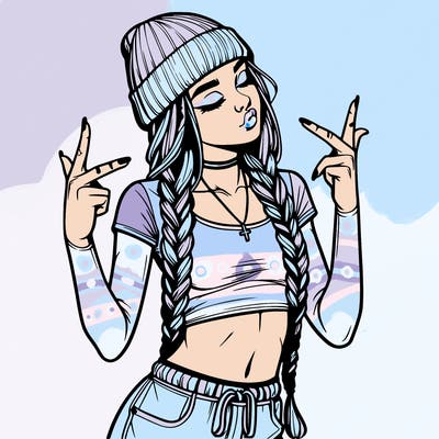 realistic teenage girl with braids and a beanie and crop top doing 🫶🏼