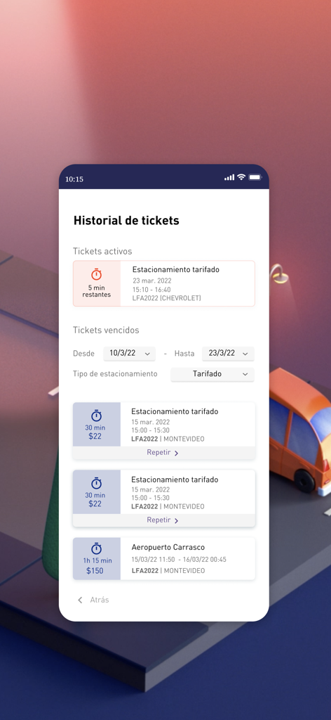 T2Parking-App-Oberfläche zeigt die Ticketverlauf an, einschließlich aktiver und abgelaufener Parkvorgänge