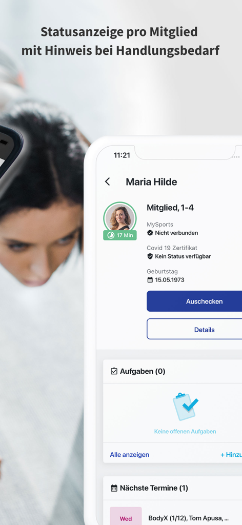 Magicline - Magicline mobile app interface showing a gym member profile with status indicators, tasks, and appointment management