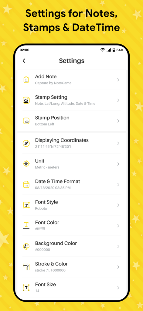 Settings screen of the Note Camera with Timestamp app displaying options for notes, GPS coordinates, and date formats