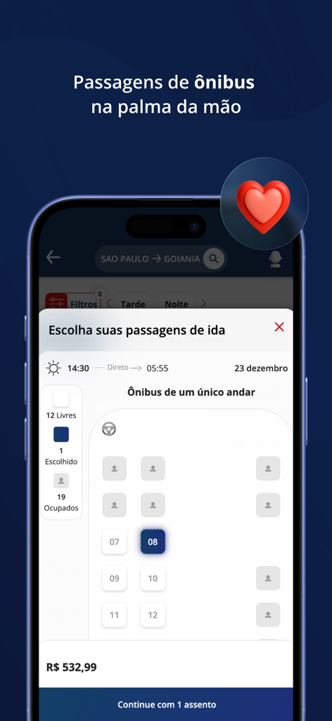Satelite Norte - Satelite Norte mobile app interface showing a bus seat map for choosing a seat on a trip from Sao Paulo to Goiania.