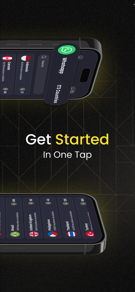 Numsify - Virtual Number - Numsify app interface showing country selection for virtual WhatsApp numbers and a Get Started prompt.