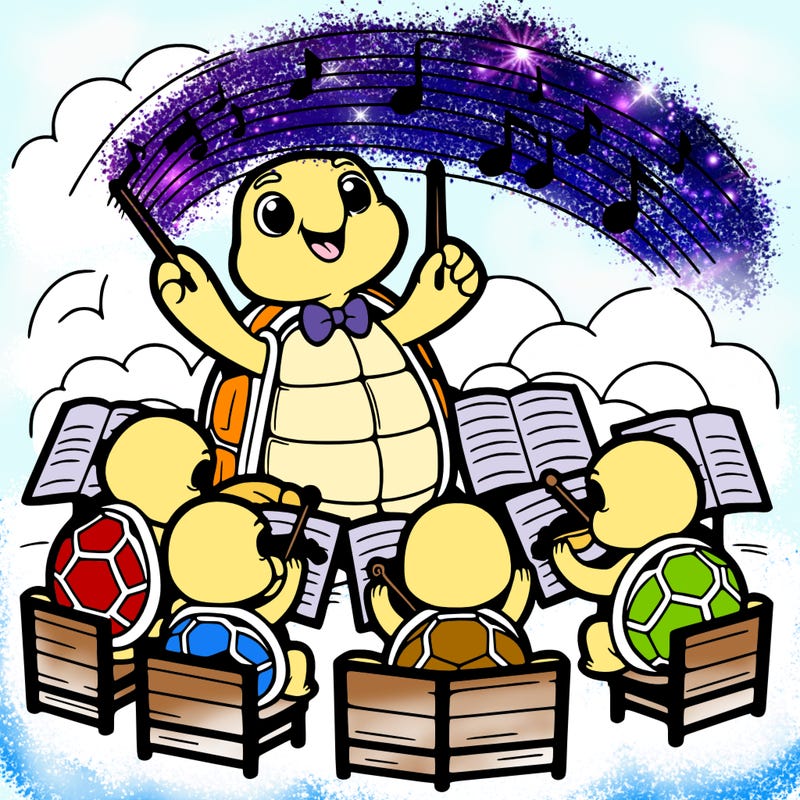 a tortoise conducting an orchestra