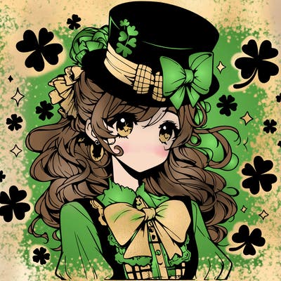 a manga-style girl with clovers around her, a little hat in her hair, like it's saint patrick's day