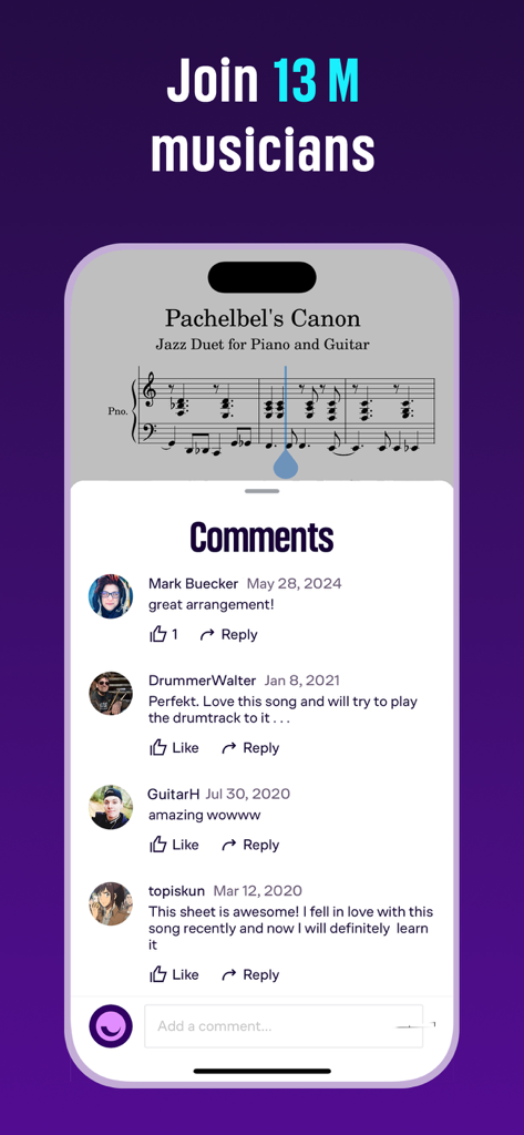 Interfaccia dell'app mobile MuseScore che mostra lo spartito del Canone di Pachelbel e i commenti degli utenti con un titolo Unisciti a 13 milioni di musicisti