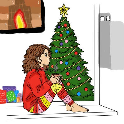 a girl sitting in the window with a cofee and behind she is a chrismas tree
