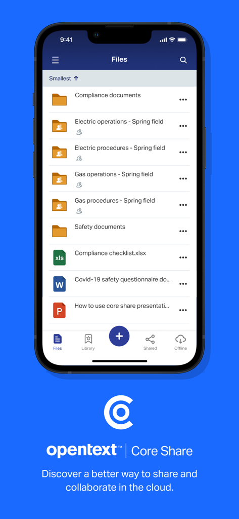 OpenText™ Core Share - Uma tela de aplicativo móvel mostrando uma lista de pastas e documentos profissionais dentro do sistema de gerenciamento de arquivos OpenText Core Share.