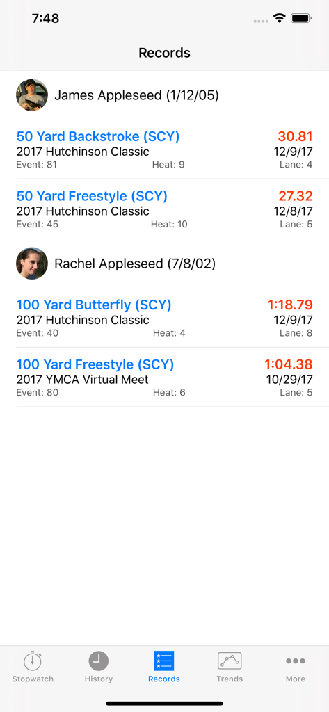 Interface of the RaceKeeper Swim app displaying a list of swim race records and times for two athletes