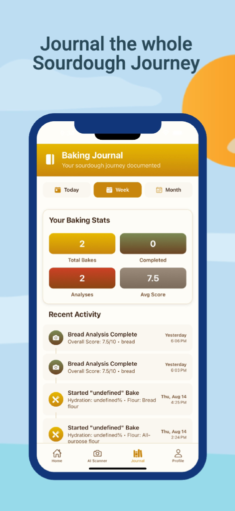 Sourdough AI - Sourdough AI 앱 인터페이스, 베이킹 저널과 성능 통계 및 최근 활동 추적 표시.