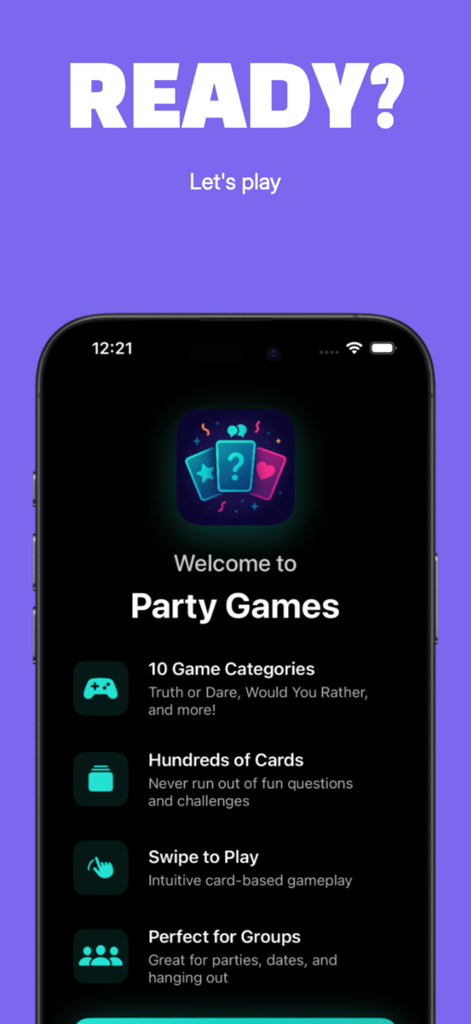 Party Games: Game Night - Pantalla de bienvenida de la aplicación Party Games destacando funciones como categorías de juegos y funcionalidad de deslizar para jugar