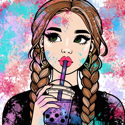 realistic girl with braided hair drinking boba