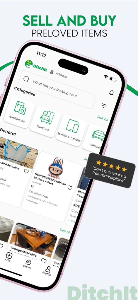 Home screen of the DitchIt app showing categories and local items for sale