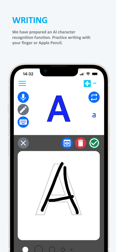 Interface do aplicativo Emme Português mostrando reconhecimento de escrita por IA para praticar a letra A