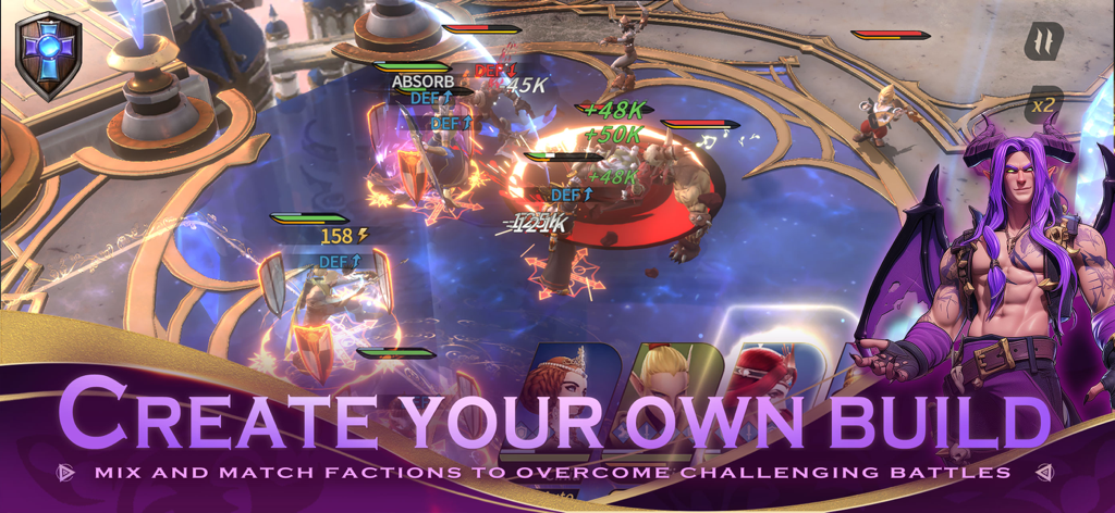 Legends Reborn: Last Battle - Una escena de batalla estratégica en 3D en Legends Reborn mostrando construcciones de héroes y combate basado en facciones