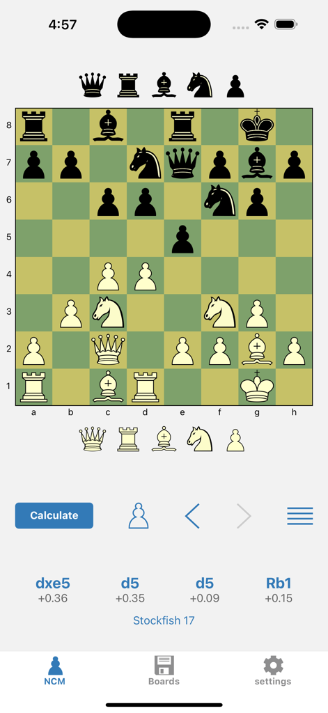 A chess position analyzed by the Stockfish 17 engine within the Next Chess Move app interface