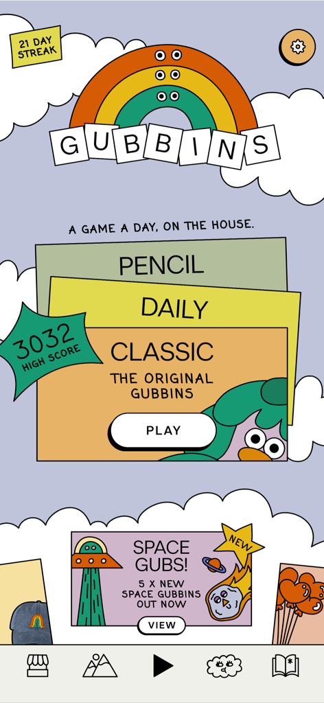 GUBBINS — It's a word game - Main menu of the GUBBINS word game featuring game modes like Classic and Daily with quirky cartoon illustrations and a rainbow header.