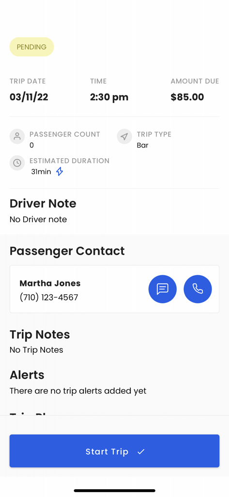 Moovs Driver - Moovs Driver App-Oberfläche mit Details zur Fahrt und Kontaktinformationen des Fahrgastes