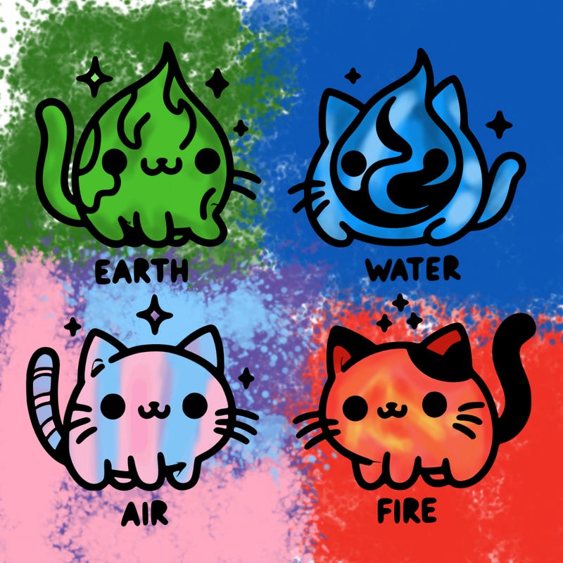 4 cats that represent the different elements, earth, water, air, and fire