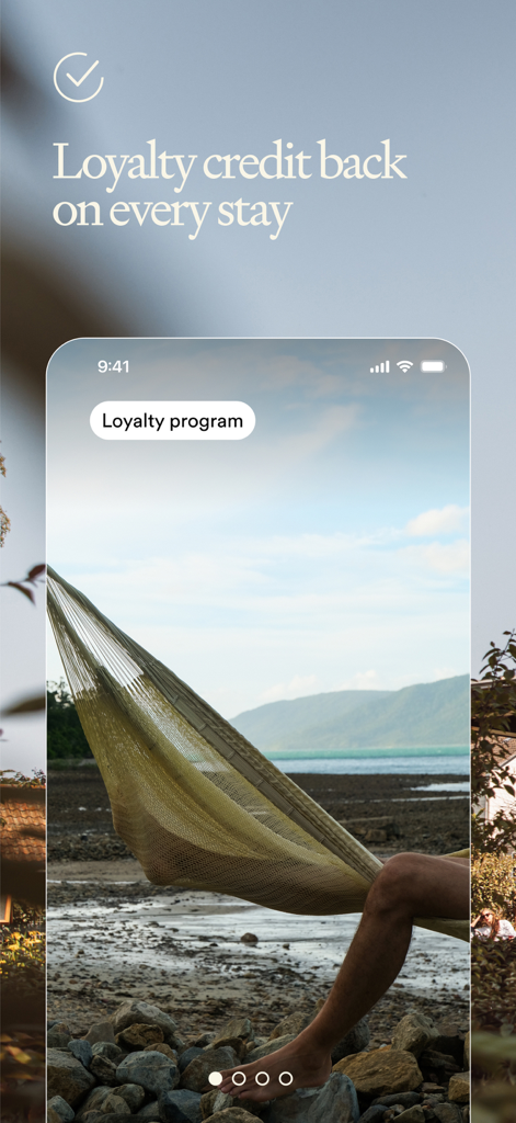 Mr and Mrs Smith app screen showing loyalty program rewards with a scenic beach view
