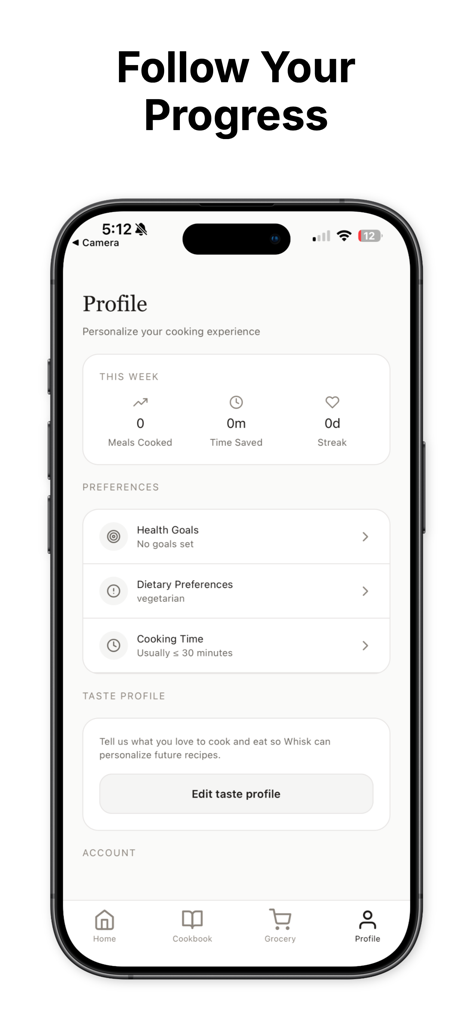 Whisk - AI Meal Planner - Painel do aplicativo Whisk mostrando estatísticas semanais de refeições, preferências dietéticas e configurações de perfil de sabor