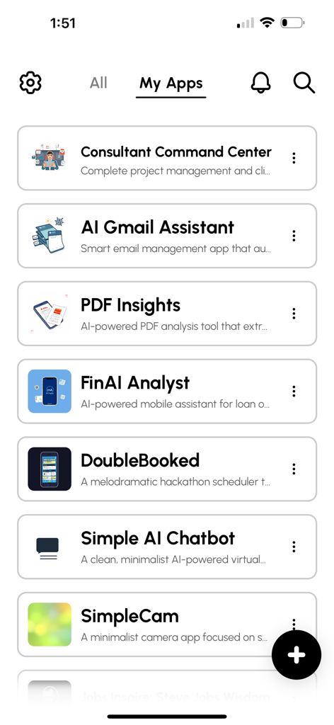 App Factory - AI App Maker - A dashboard in the App Factory app displaying a collection of AI created mobile applications including a Gmail assistant and PDF analysis tool