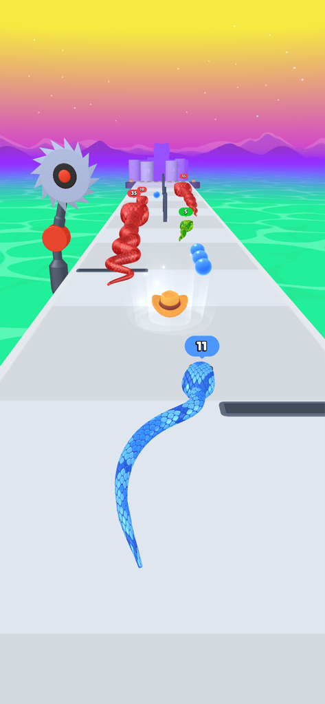 Snake Run Race・3D Running Game - A blue snake racing through a 3D obstacle course with a spinning saw and other snakes