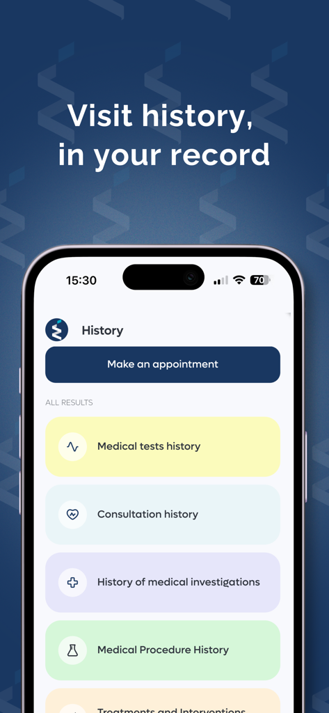 InvitroZen - La interfaz de la aplicación InvitroZen que muestra el historial de visitas médicas, incluyendo resultados de pruebas, historial de consultas e historial de procedimientos médicos