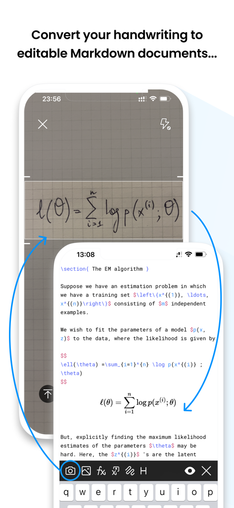 The Mathpix Snip app interface showing the conversion of handwritten math equations into editable Markdown and LaTeX documents.