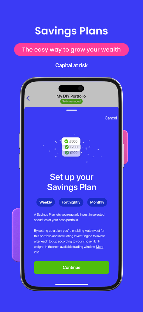 A mobile screen showing options to set up automated weekly fortnightly or monthly savings plans within the InvestEngine app