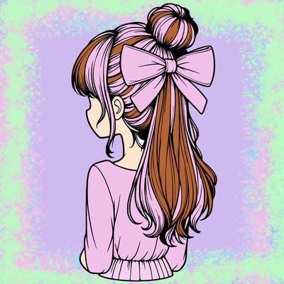 realistic girl  with hip length hair a bun and a big bow on the back of head