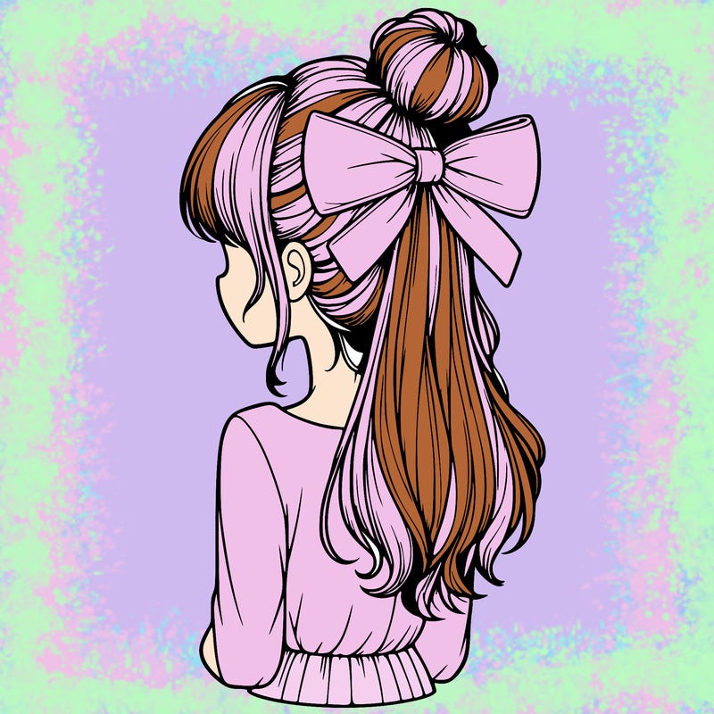 realistic girl  with hip length hair a bun and a big bow on the back of head