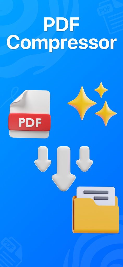 Gráfico promocional para PDF Compressor PDFpress ilustrando redução de tamanho de arquivo e organização de documentos em pastas.