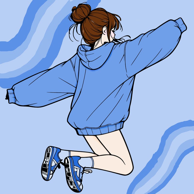 realistic girl jumping with a bun and oversized sweatshirt