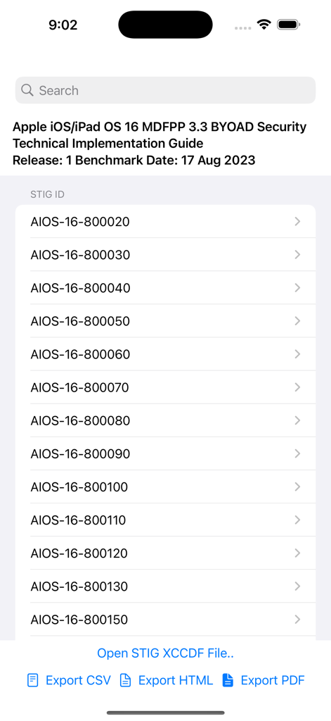 Universal STIG Browser - Universal STIG Browser 앱 내 Apple iOS 16 보안 구현 가이드에 대한 STIG ID 목록
