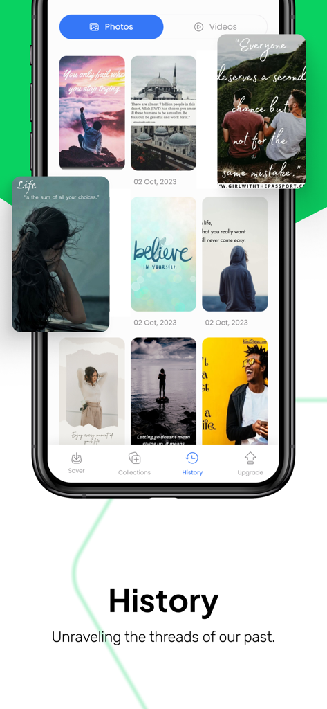 Status Saver : Videos - ステータスセーバーアプリの履歴セクションに保存された写真やビデオのギャラリーを表示するモバイルインターフェース