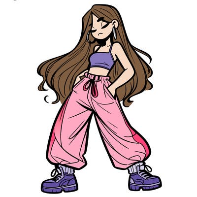 girl in baggy pants crop top and long hair