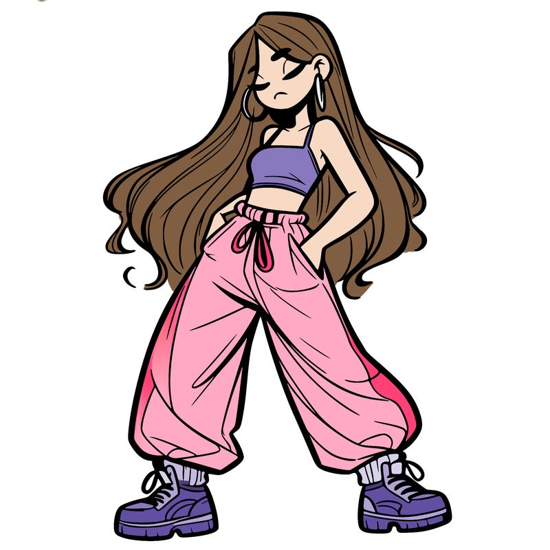 girl in baggy pants crop top and long hair