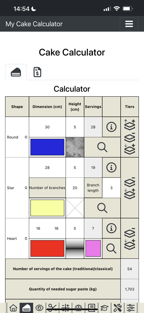Professional cake calculator interface showing tiers shapes and serving estimates