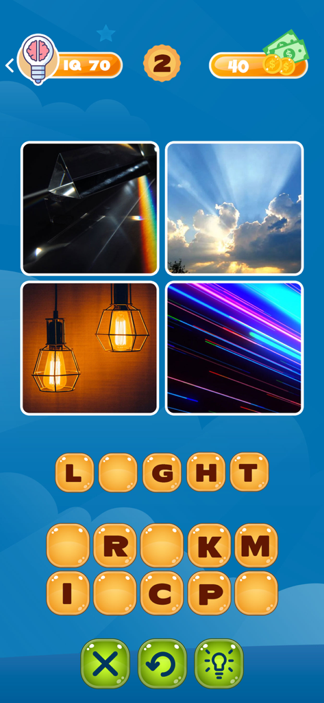 Word Puzzle - 4 pics 1 word - Word Puzzle game screen with four pictures of light beams and bulbs to solve the word LIGHT